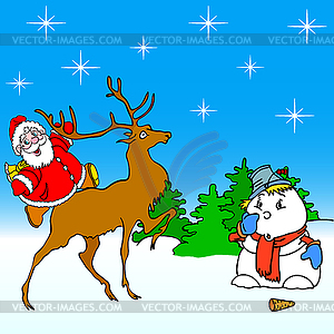Santa claus rides on deer and snowman - vector clip art