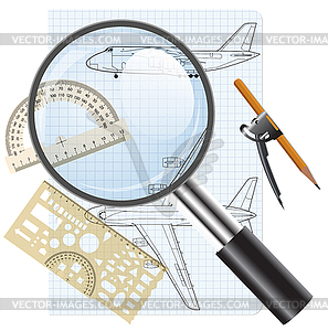 Magnifying glass icon, drawing aircraft.  - vector clipart