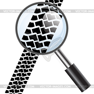 Magnifying glass icon, trail tires.  - vector image