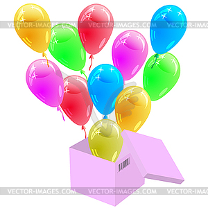 Glossy multicolored balloons flying out of cardboar - vector clipart