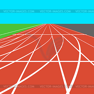 Красный беговой дорожке стадиона с белыми линиями. иллюстрирующих - векторное изображение клипарта