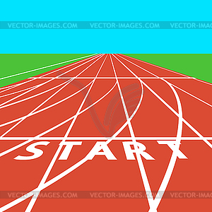 Red treadmill at stadium with white lines. illustrat - vector image