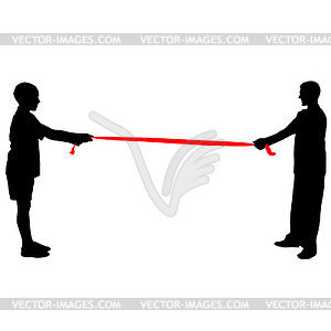 Black silhouettes of people pulling rope.  - vector clipart