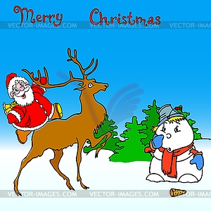 Santa claus rides on deer and snowman - vector clip art