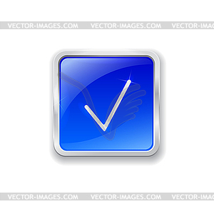 Check mark icon on blue button - vector clipart