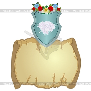 Shield with flowers and parchment - vector clip art