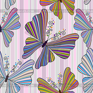 Striped seamless pattern with butterflies - vector clip art