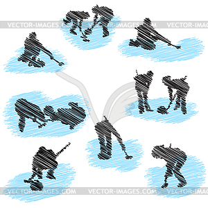 Set of curling player grunge silhouettes - vector EPS clipart