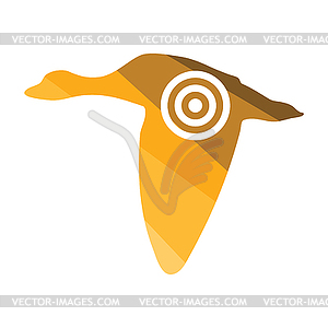 Flying duck silhouette with target icon - vector image