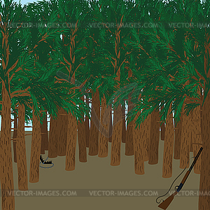 Hunting in fir forest - vector clipart