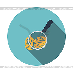 Magnifying over coins stack icon - vector clipart