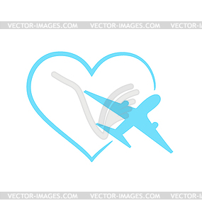 Airplane symbol in shape heart - vector clipart