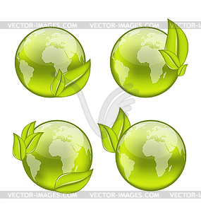 Set icon world with eco green leaves - vector image