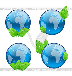 Set icon earth with green leaves - stock vector clipart