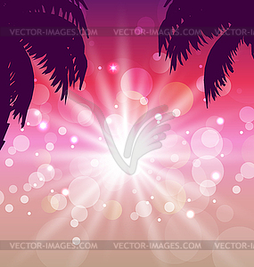 Postcard with seaside sunset view with palmtree - stock vector clipart