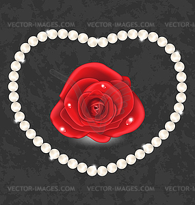 Red rose with heart made in pearl - vector clipart