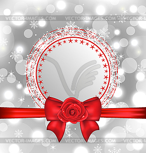 Christmas snowflake card with gift bow and rose - royalty-free vector image