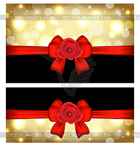 Christmas glossy cards with gift bows and roses - royalty-free vector image