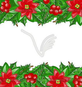 Christmas decoration with holly berry and poinsettia - vector image