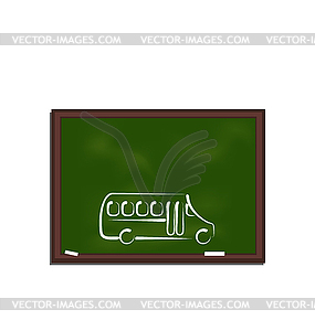 Green chalkboard with painting school bus - vector image