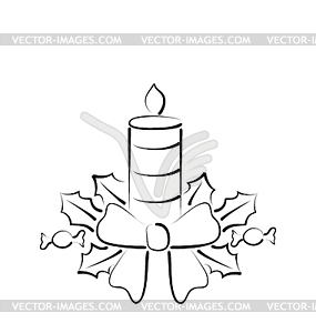 Christmas candle with bow, freehand style - vector clipart