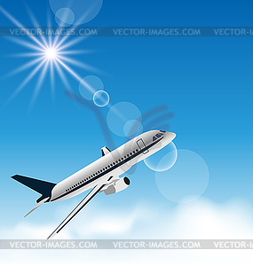 Realistic background with flying airplane - vector clip art