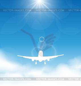 Blue sky and clouds with flying airplane - vector clipart / vector image