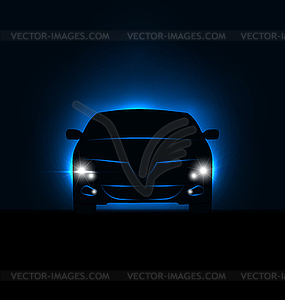 Silhouette of car with headlights in darkness - color vector clipart