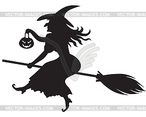 Witch on broom - white & black vector clipart