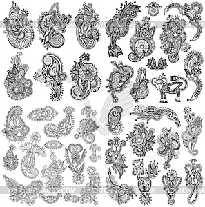 Black line art ornate flower design collection, - vector clipart