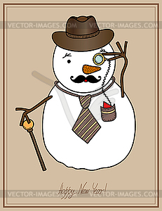 Original hipster snowman in hat, tie, mustache - vector clipart