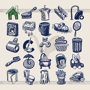 25 hand drawing doodle icon set, cleaning and - vector EPS clipart