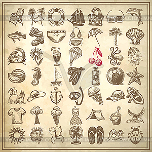 49 hand draw sketch summer icons collection - vector clipart