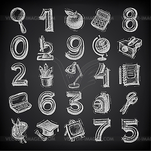 25 sketch education icons, numbers and objects on - vector image