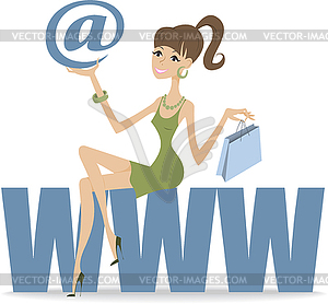 Girl sitting on large letters - vector clip art