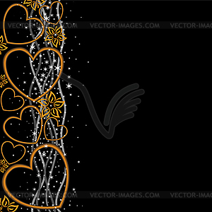 Golden hearts and flowers on black - vector image