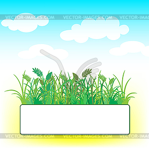 Card with grass and clouds - vector clipart