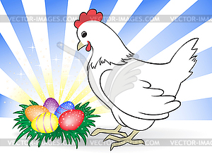 Курица с пасхальными яйцами - векторное изображение клипарта