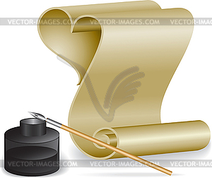 Twisted old paper and inkwell - vector clipart