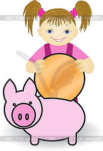 Girl and piggy bank - vector clipart