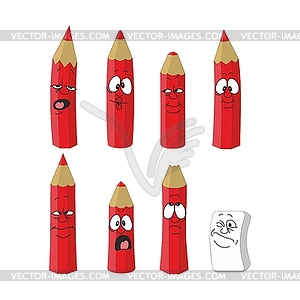 Cartoon emotional red pencils set color 12 - vector clipart