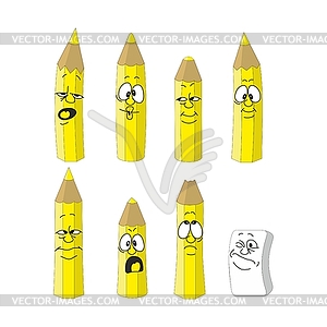 Cartoon emotional yellow pencils set color 13 - vector clip art