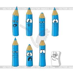 Cartoon emotional blue pencils set color 16 - vector image