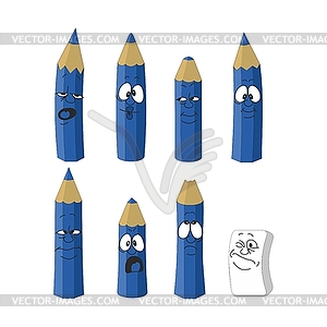 Cartoon emotional cyan pencils set color 17 - vector clipart