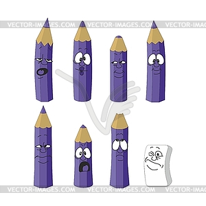 Cartoon emotional violet pencils set color 18 - vector clip art