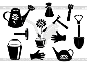 Silhouettes of garden tools - vector clipart / vector image