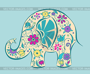 Blue elephant painted by flowers - vector clipart