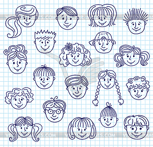 ?‘hildren doodle faces - vector image