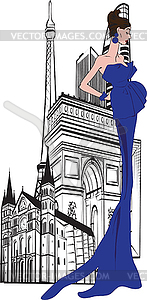 Parisian woman on a background of city - stock vector clipart