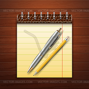 Note Pad, Pencil and Pen on Wood Background - vector clipart